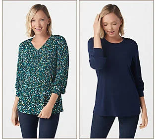 Susan Graver Set of 2 Print and Solid Liquid Knit Tops - Size Medium, Teal/Navy