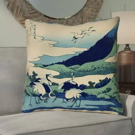 Montreal Japanese Cranes Suede Throw Pillow Bloomsbury Market Pillow Cover Color: Ivory/Blue - Size: 26x22 x 26x22