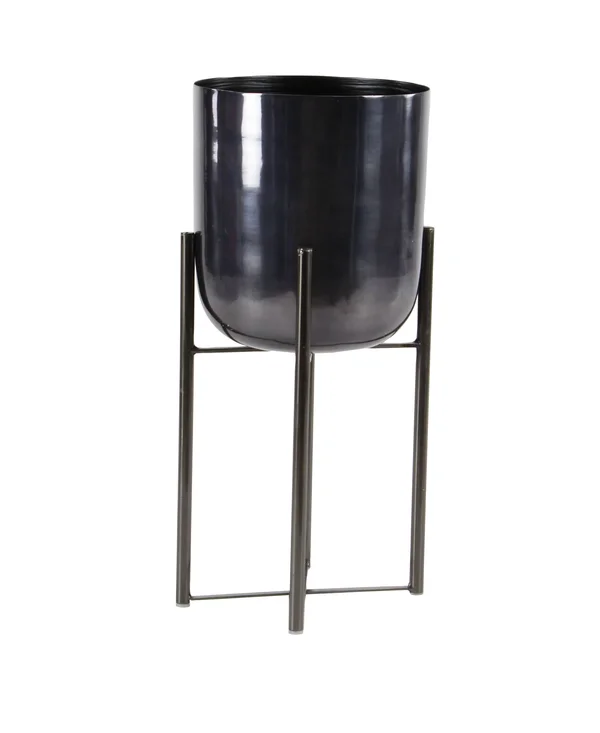 Large - Round Metal Planters with Stands, Set of 2 - Black