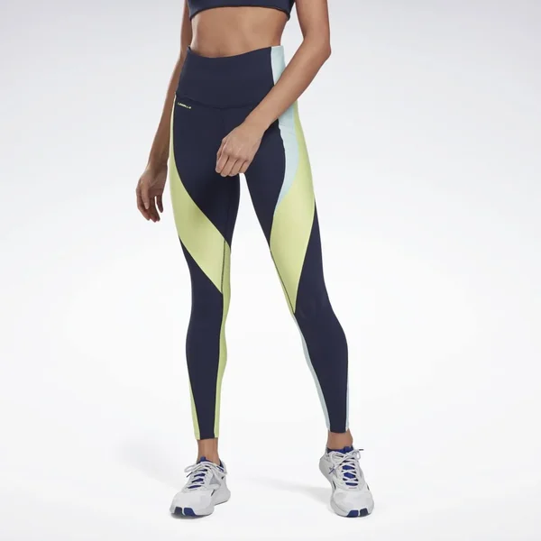 Reebok Women's Les Mills High-Rise Colorblock Lux Leggings in Vector Navy Size Xs Short - Studio Apparel