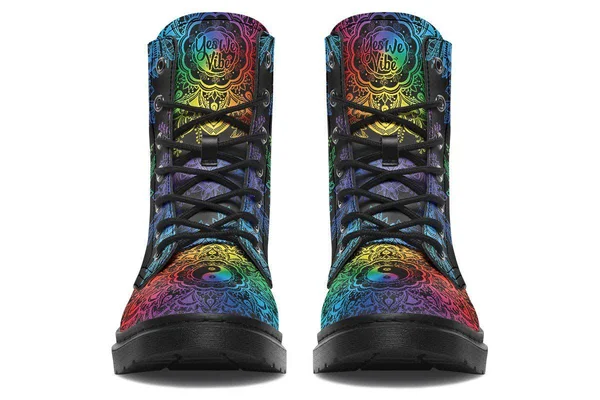 Colorful Yin Yang Boots, Black Mandala Vegan Boots, YesWeVibe Men's Boots, Black Sole, US 3, EU35