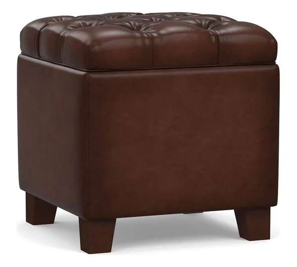Pottery Barn Lorraine Tufted Leather Storage Cube - Burnished Walnut