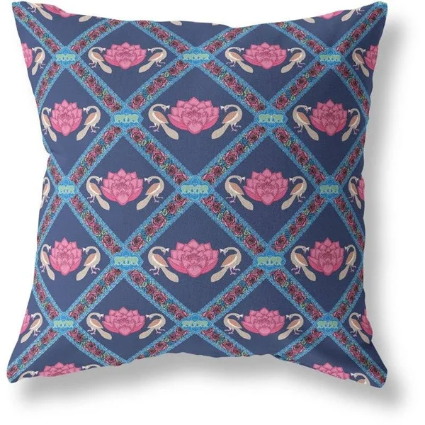 Lotus Peacock Rose Broadcloth Zippered Pillow Indigo Pink 20x22x20x22