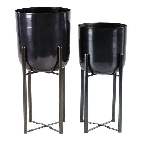 Large - Round Metal Planters with Stands, Set of 2 - Black