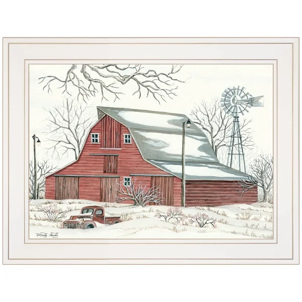 TrendyDecor4U Winter Barn with Pickup Truck by Cindy Jacobs, Ready to Hang Framed Print, White Frame