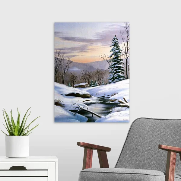 Log Cabin on Winter Stream in Early Evening - Large Solid-Faced Canvas Wall Art Print, Great Big Canvas