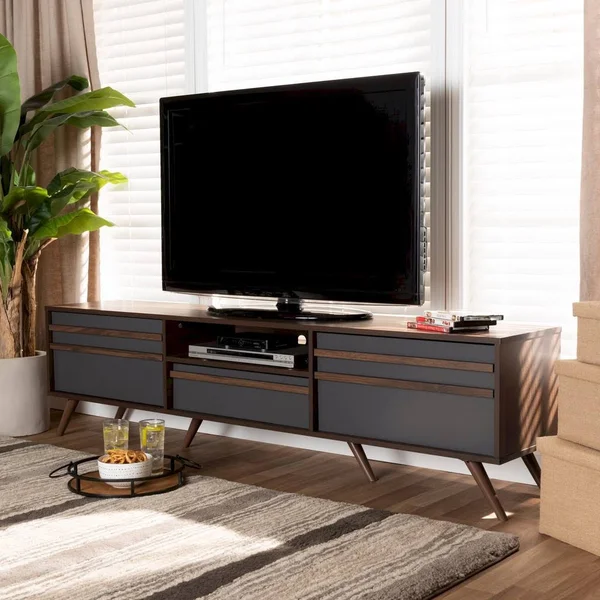 Baxton Studio Naoki Modern and Contemporary Two-Tone Grey and Walnut Finished Wood 2-Door TV Stand