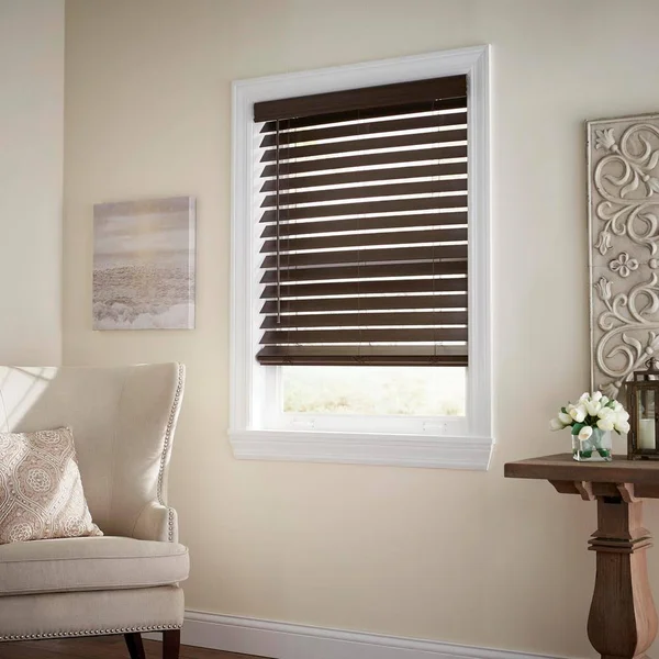 Home Decorators Collection 57.5X48 in Espresso Faux Wood Blind Cordless Room Darkening Privacy Window Shade