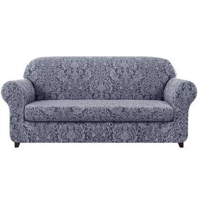 Damask Printed Stretch Box Cushion Loveseat Slipcover Fleur De Lis Living Fabric: GRAYISH Blue