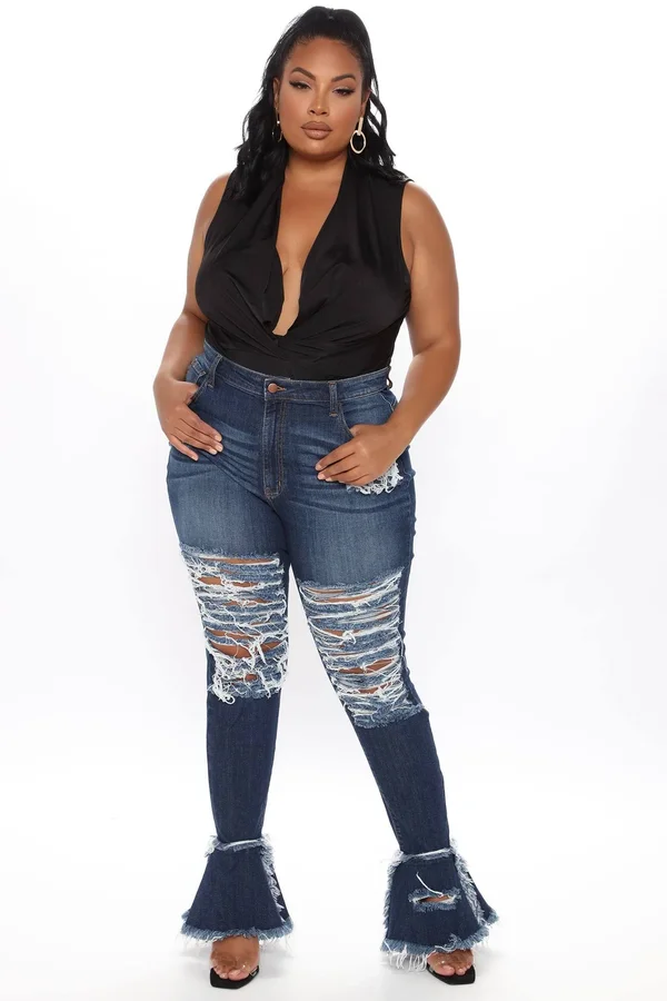 Womens Fray What You Mean Flare Leg Jeans in Dark Wash Size 1x by Fashion Nova