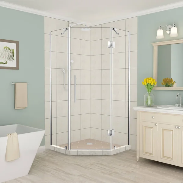 Aston Merrick 34 in. to 34.25 in. x 72 in. Frameless Hinged Neo-Angle Shower Enclosure in Stainless Steel