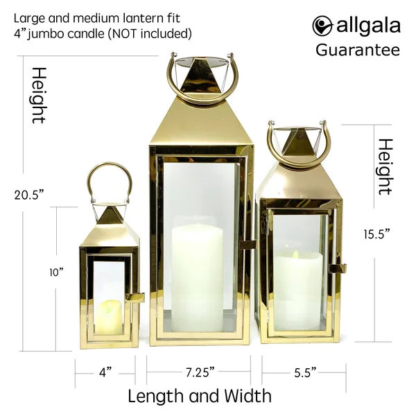 Allgala 3-Pc Set Jumbo Luxury Modern Indoor/Outdoor Hurricane Candle Lantern Set with Chrome Plated Structure and Tempered Glass
