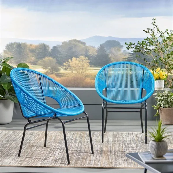 Noble House Nusa Outdoor Faux Rattan Club Chair in Blue and Black (Set of 2)