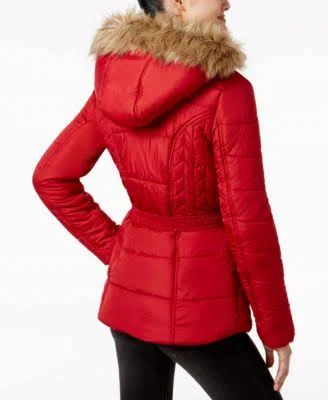 Rampage Womens Faux-Fur-Trim Belted Puffer Coat Navy M