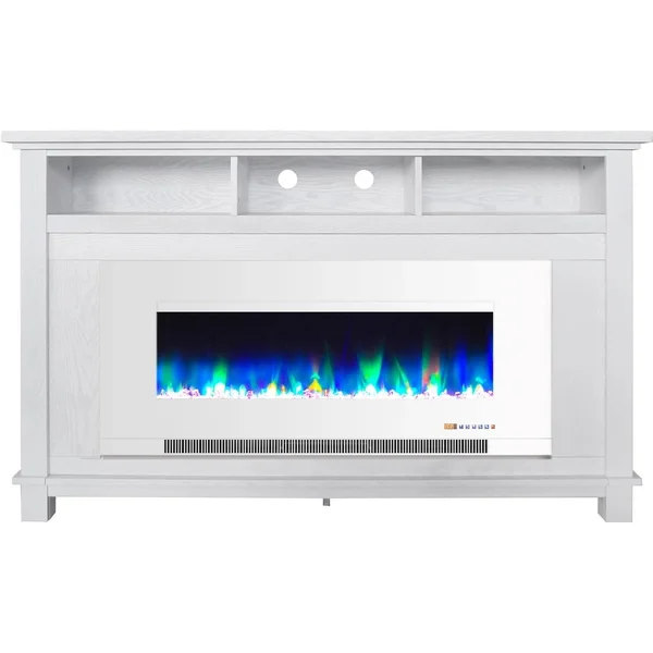 Cambridge San Jose Fireplace Entertainment Stand in White with 50 inch Color-Changing Fireplace Insert and Crystal Rock Display