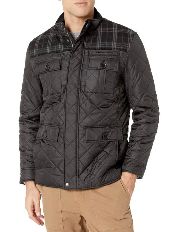 Cole Haan Quilted Plaid-Yoke Mixed-media Jacket - Black, Men's, Medium