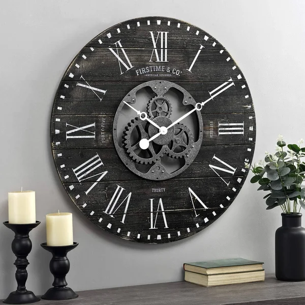 Black Shiplap Gears Farmhouse Wall Clock