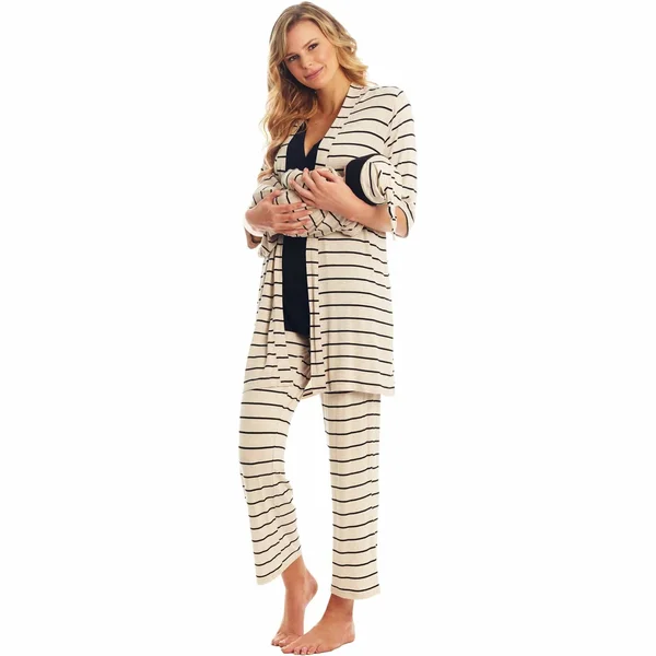 Analise 5-Piece Mom and Baby Maternity and Nursing PJ Set in Sand Stripe