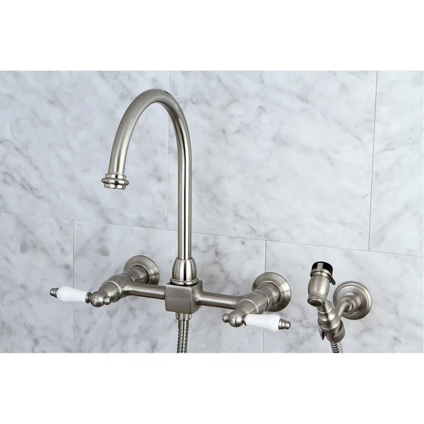 Kingston Brass KS1291PLBS Restoration Wall Mount Bridge Kitchen Faucet with Brass Sprayer - Polished Chrome