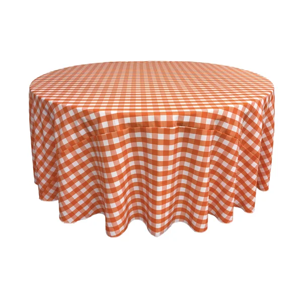 La Linen Polyester Gingham Checkered 120x22 Round Tablecloth - White and Orange