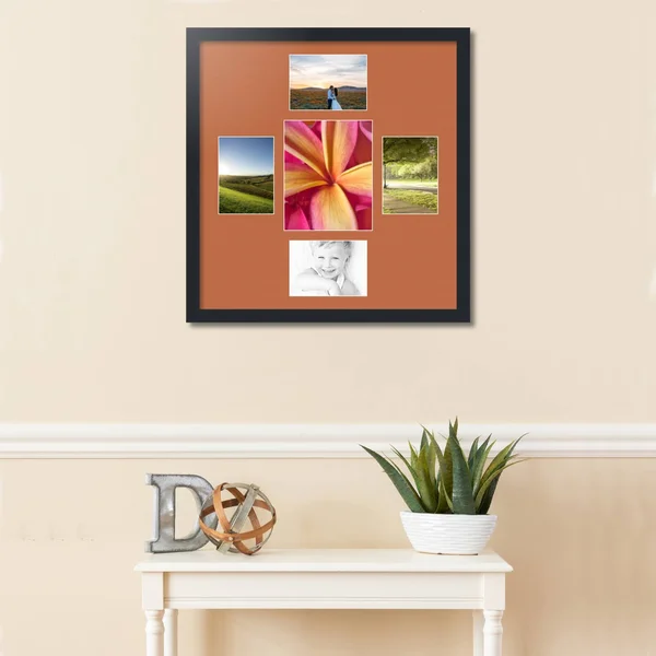 Collage Picture Frame, Satin Black Frame with 5 openings for 8x10 Photos with Red Orange Mat. D3926DB327, ArtToFrames