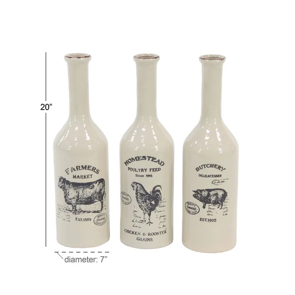 Set of 3 Farmhouse Ceramic Bud 20 x 7 inch Vases - White