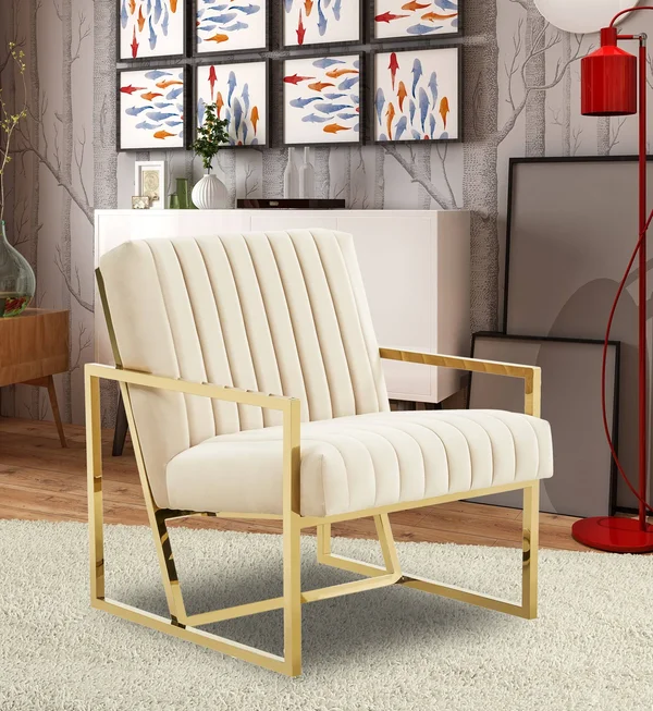 LeisureMod Montgomery Velvet Pinstripe Design Accent Armchair with Gold Frame Purple