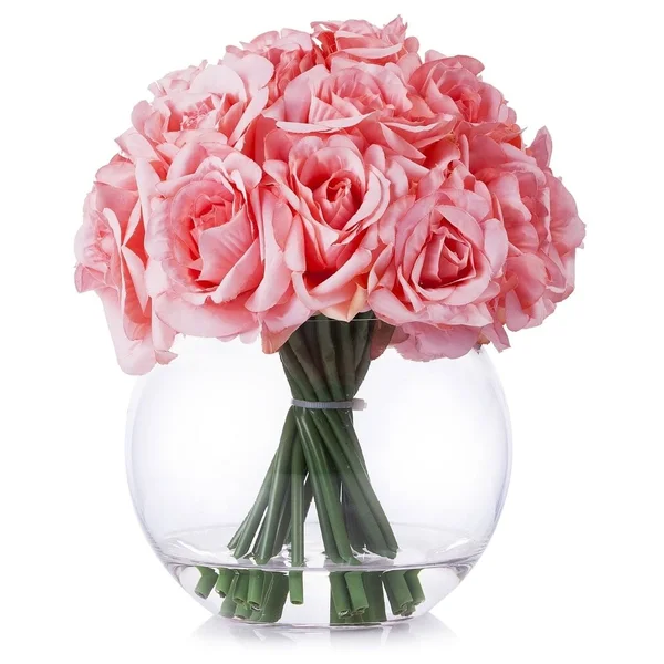 Enova Home 21 Heads Rose Silk Flower Arrangement in Round Clear Glass Vase with Faux Water - Pink
