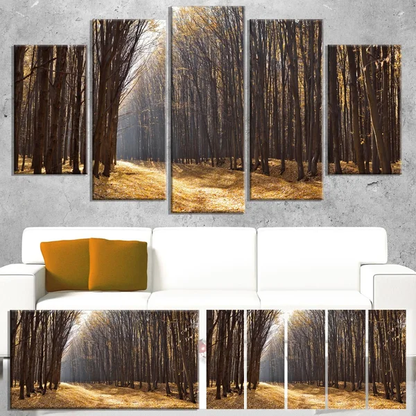 Design Art 'Light in The Forest Path Panorama' 5 Piece Photographic Print on Wrapped Canvas Set - Brown