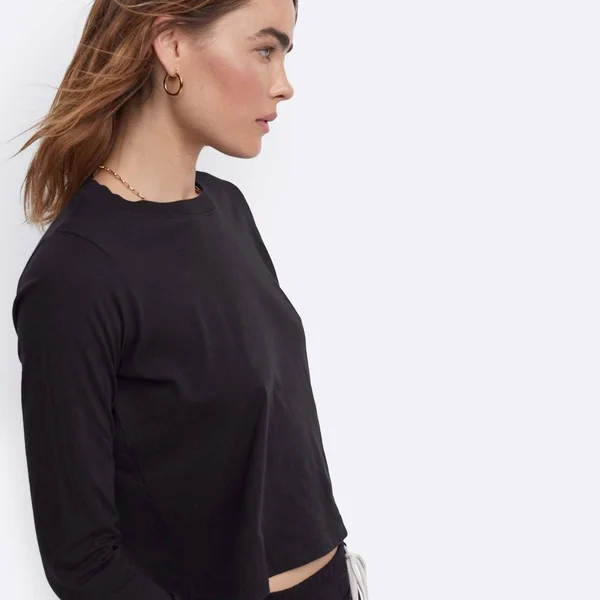Organic Cotton Long Sleeve Crop Tee Jet Black, M