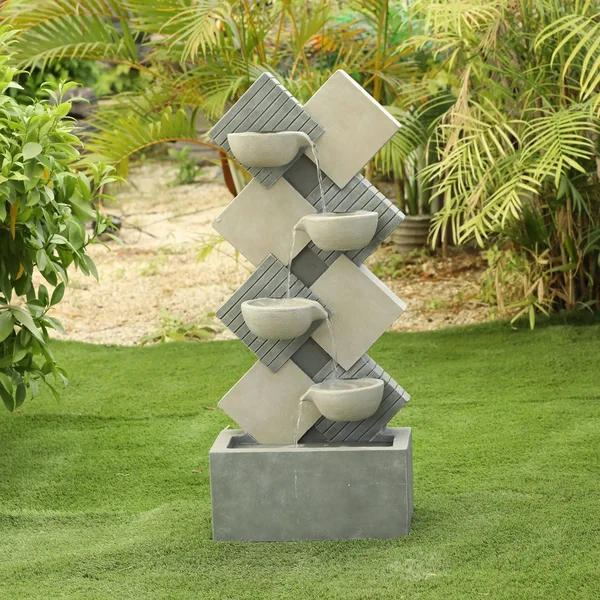 Luxen Home Cement Modern Tiered Pots Patio Fountain