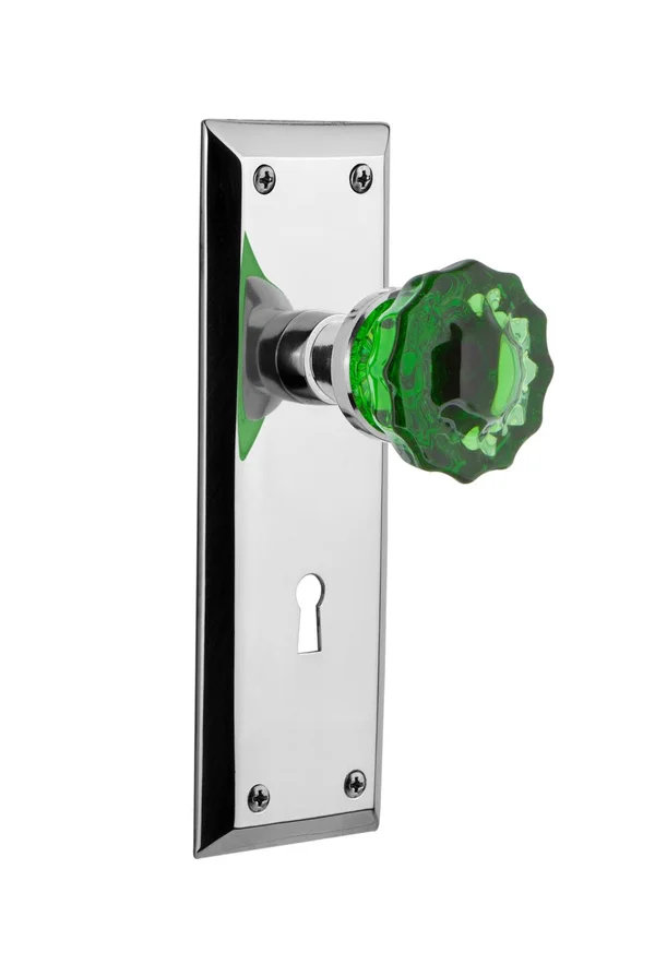 Nostalgic Warehouse - Double Dummy - New York Plate with Keyhole Crystal Emerald Glass Door Knob in Bright Chrome - 723921