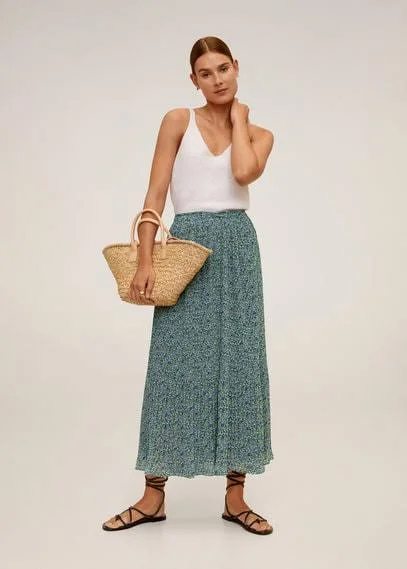Mango - Pleated Floral Skirt Green - L - Women