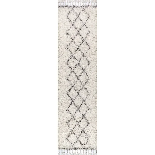 Jonathan Y Mercer Shag Plush Tassel Moroccan Tribal Geometric Trellis Denim Blue/Cream 8 ft. x 10 ft. Area Rug