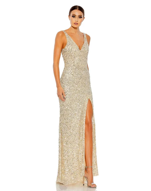 Mac Duggal Sequined High Slit Evening Gown Shimmering Gold, 8