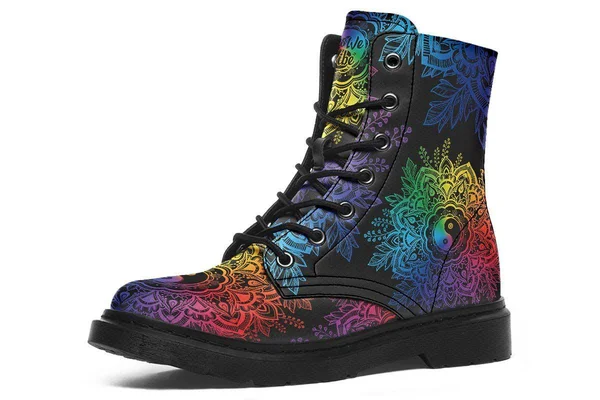 Colorful Yin Yang Boots, Black Mandala Vegan Boots, YesWeVibe Men's Boots, Black Sole, US 3, EU35