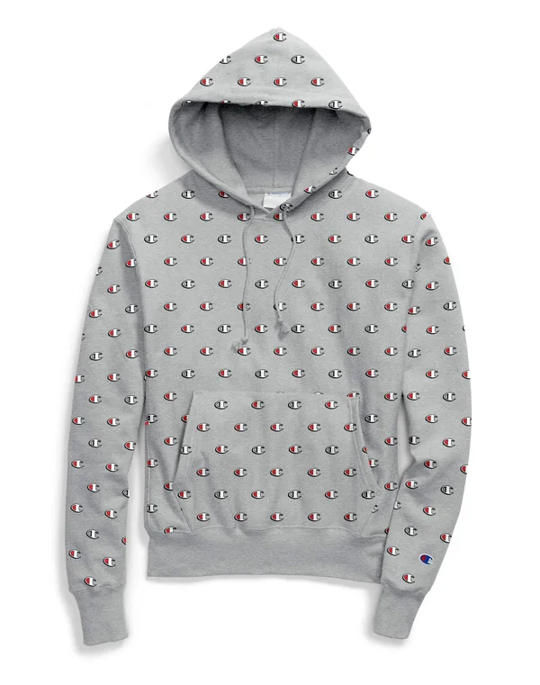 Champion S2974 Life Men's REVERSE Weave Pullover Hoodie, All Over Logo - Scribble Logo Oxford Grey - XL
