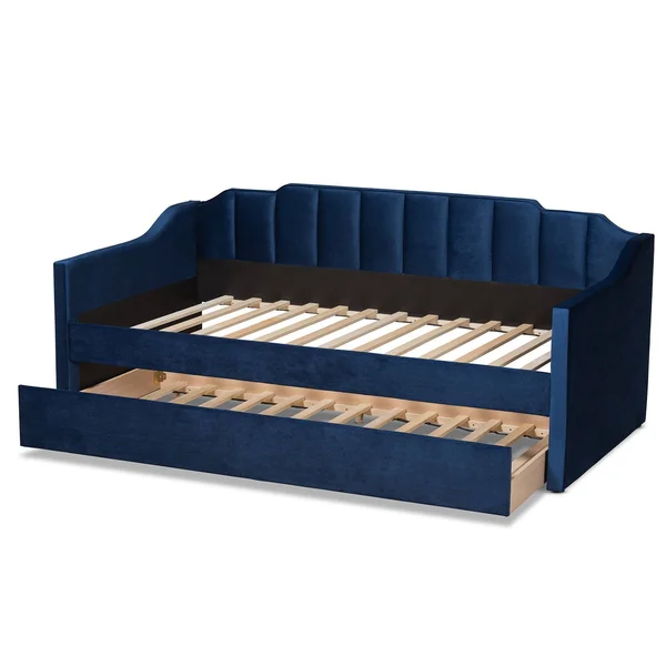 Baxton Studio Lennon Modern and Contemporary Navy Blue Velvet Fabric Upholstered Twin Size Daybed with Trundle