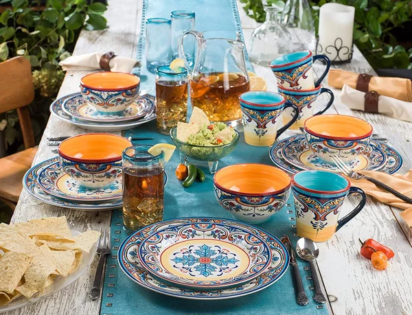 Euro Ceramica Inc. ys-zb-1001 Zanzibar Collection Vibrant Ceramic Earthenware Dinnerware Set - 16 Piece, spanish/mexican Floral D