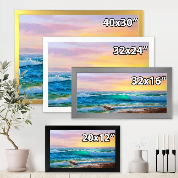 Designart &Blue Waves Breaking at The Beach IV& Nautical & Coastal Framed Art Print - 32 in. Wide x 24 in. High - Black
