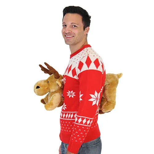 Red 3D Reindeer Moose Ugly Christmas Sweater