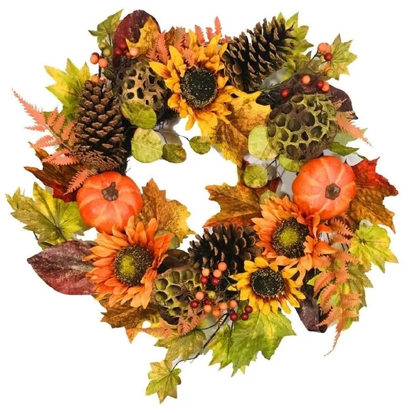 Platon Fall Artificial Pumpkin Sunflower Cone Wreath 24x22