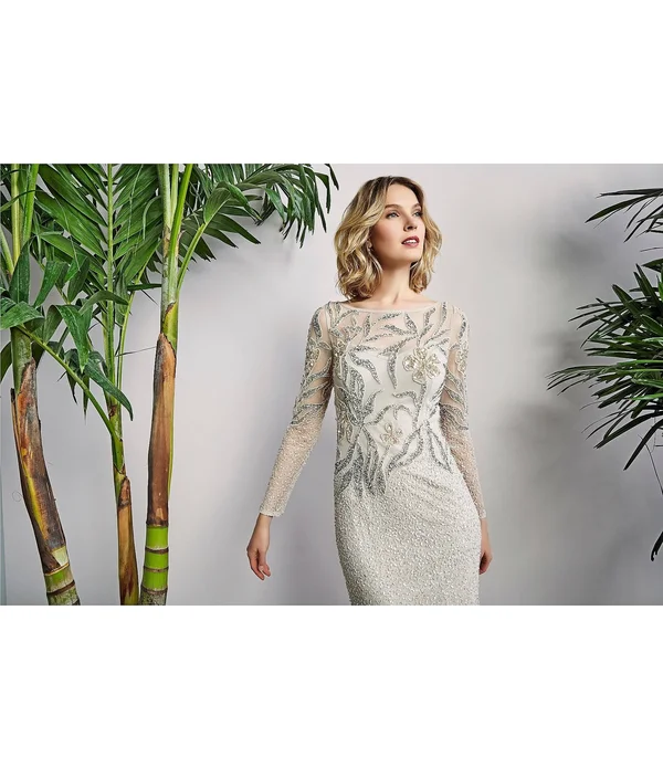 Adrianna Papell Long Illusion Sleeve Beaded Mesh Gown - 8
