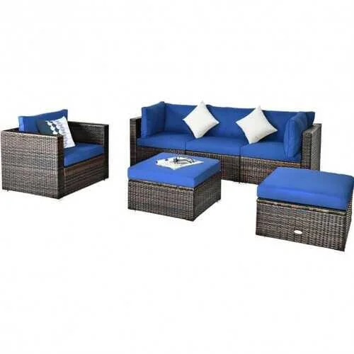 6 Pcs Patio Rattan Sectional Cushion Furniture Set-Turquoise