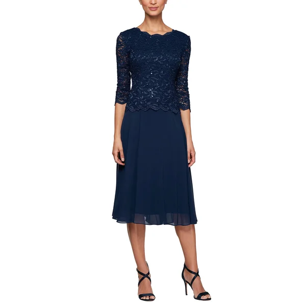 Alex Evenings T-Length Lace and Chiffon Mock Two Piece Dress - Blue