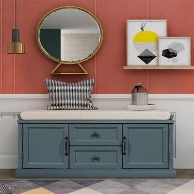 Storage Bench with 2 Drawers and 2 Cabinets - Shoe Bench with Removable Cushion for Living Room, Entryway Red Barrel Studio Color