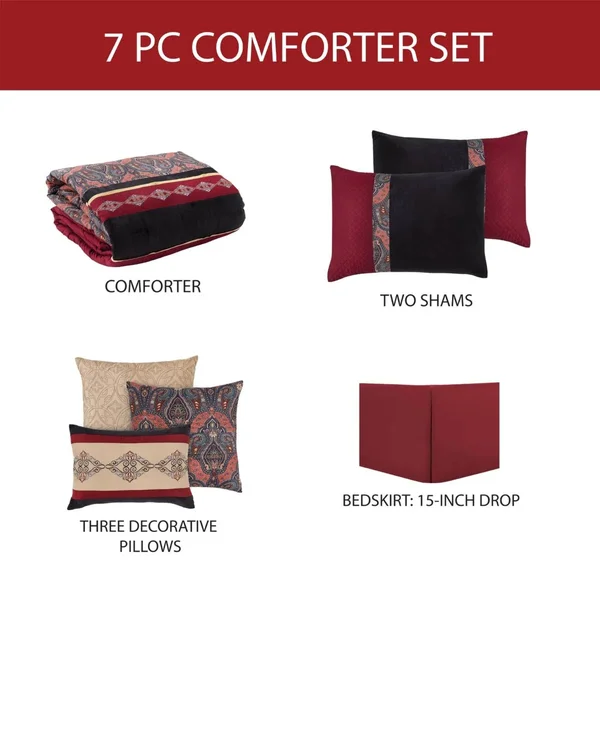 Hallmart Collectibles Farrah 7-Piece Paisley King Comforter Set with Burgundy and Black Color Palette, Red/Black