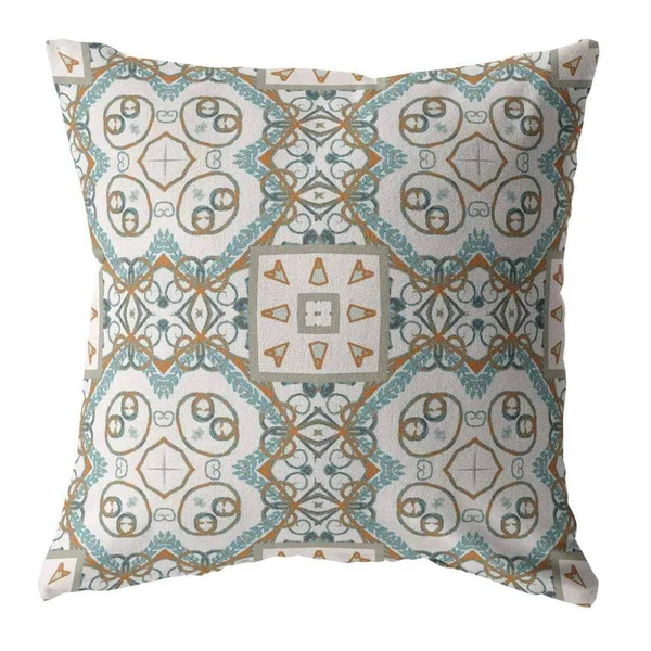 Geo Mandala Suede Blown and Closed Pillow Orange and Light Blue on White 18x22x18x22