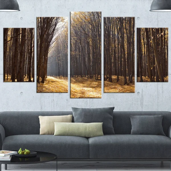 Design Art 'Light in The Forest Path Panorama' 5 Piece Photographic Print on Wrapped Canvas Set - Brown
