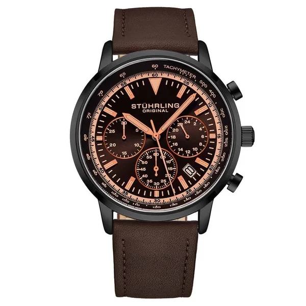Stuhrling Original Monaco Brown Dial Brown Leather Men's Watch M15891 - Quartz Movement, Leather Strap, 44 mm Case in Black, Bro